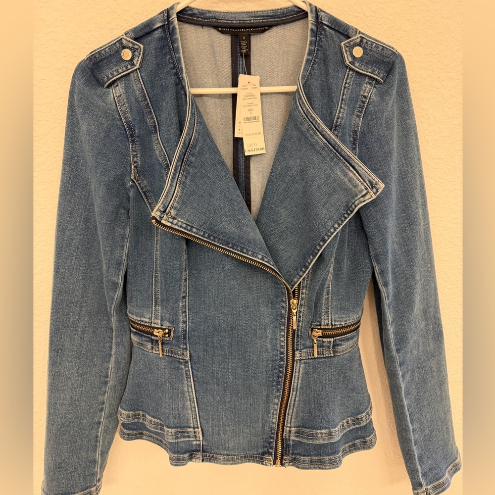 WHBM Denim Peplum Moto Jacket